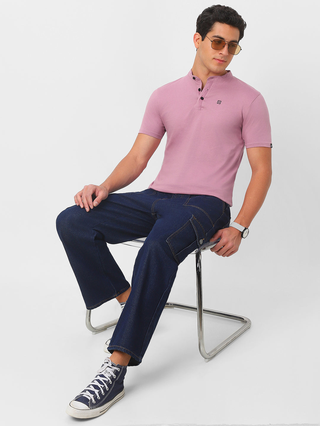 Men's Lilac Solid Mandarin Collar Slim Fit Half Sleeve Cotton T-Shirt