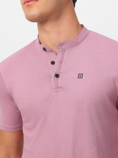Men's Lilac Solid Mandarin Collar Slim Fit Half Sleeve Cotton T-Shirt