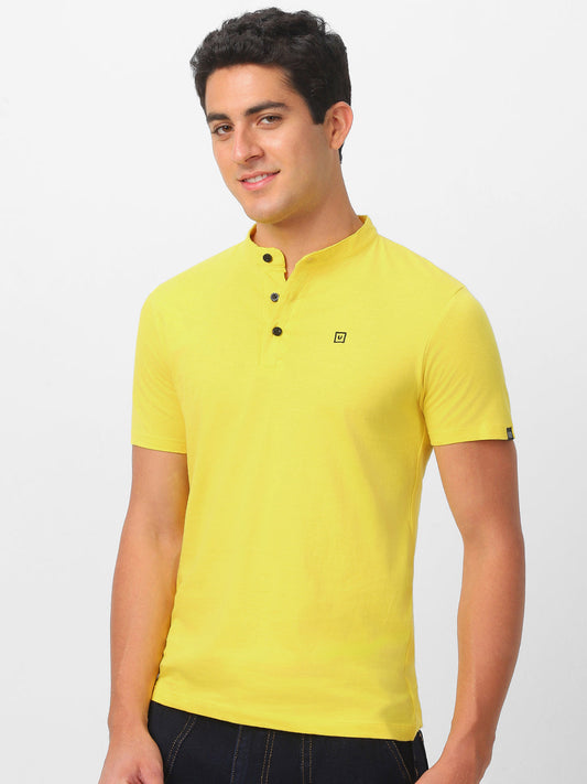 Men's Mustard Solid Mandarin Collar Slim Fit Cotton T-Shirt