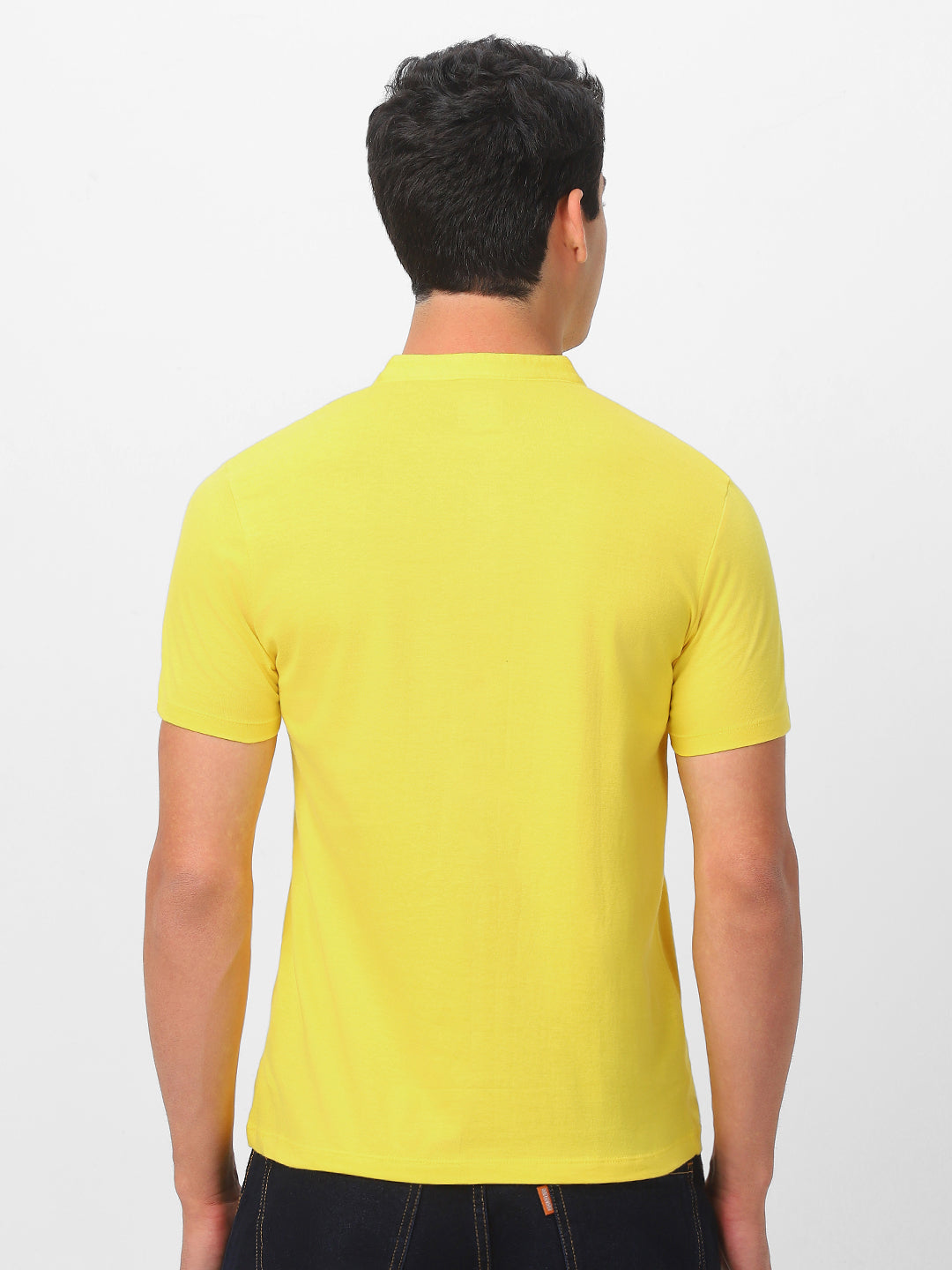 Men's Mustard Solid Mandarin Collar Slim Fit Cotton T-Shirt