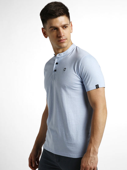 Men's Sky Blue Melange Solid Mandarin Collar Slim Fit Half Sleeve Cotton T-Shirt