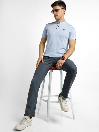 Men's Sky Blue Melange Solid Mandarin Collar Slim Fit Half Sleeve Cotton T-Shirt