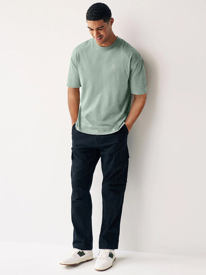 Men's Granite Green Solid Round Neck Oversized Half Sleeve Cotton T-Shirt