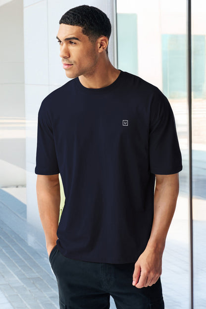 Men's Navy Blazer Solid Round Neck Oversized Half Sleeve Cotton T-Shirt