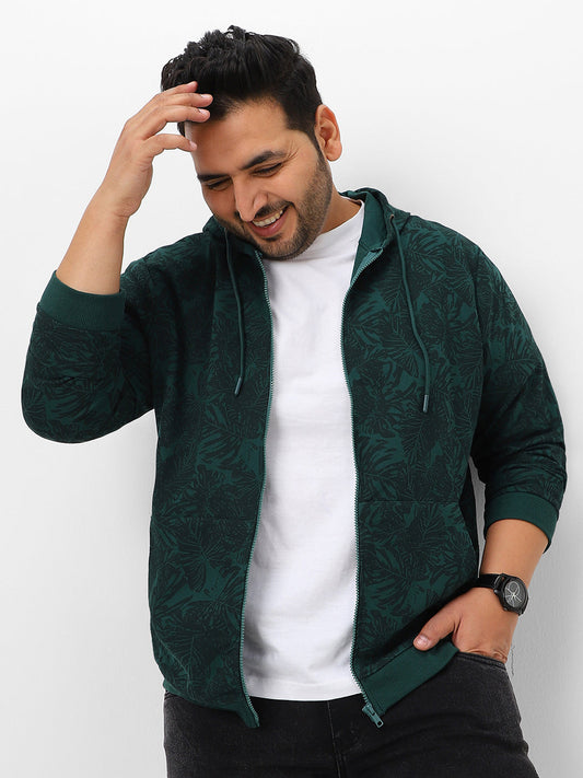 Plus Men's Dark Green Regular Fit Printed Full Sleeve Casual Winterwear Hooded Sweatshirt