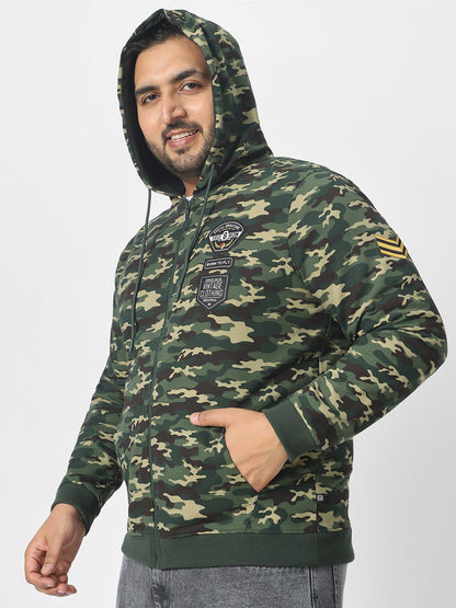 Plus Men's Green Cotton Camouflage Printed Hooded Neck Sweatshirt
