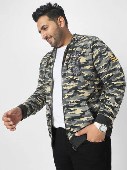 Plus Men's Grey Cotton Camouflage Printed Hooded Neck Sweatshirt