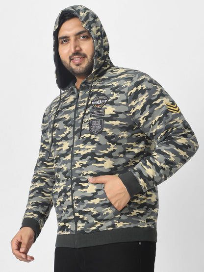 Plus Men's Grey Cotton Camouflage Printed Hooded Neck Sweatshirt
