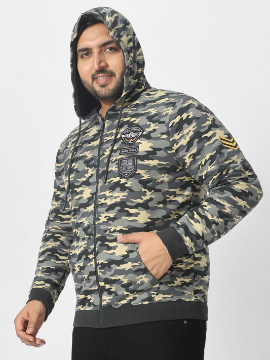 Plus Men's Grey Cotton Camouflage Printed Hooded Neck Sweatshirt