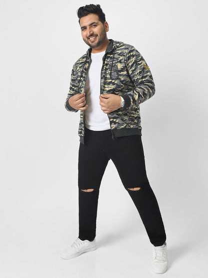 Plus Men's Grey Cotton Camouflage Printed Hooded Neck Sweatshirt