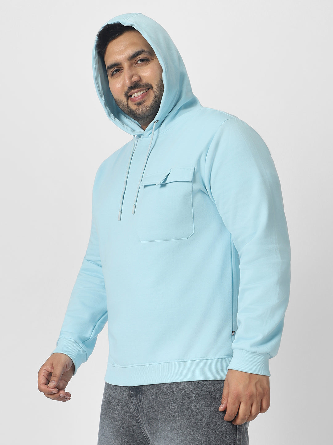 Plus Men's Blue Cotton Solid Hooded Neck Sweatshirt