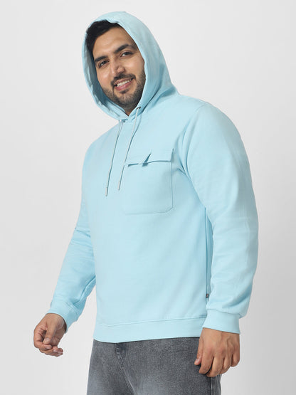 Plus Men's Blue Cotton Solid Hooded Neck Sweatshirt