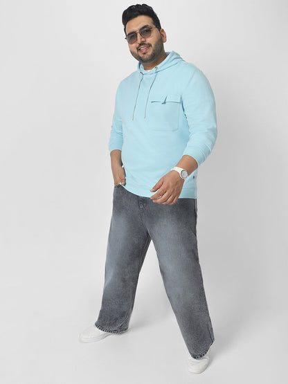 Plus Men's Blue Cotton Solid Hooded Neck Sweatshirt