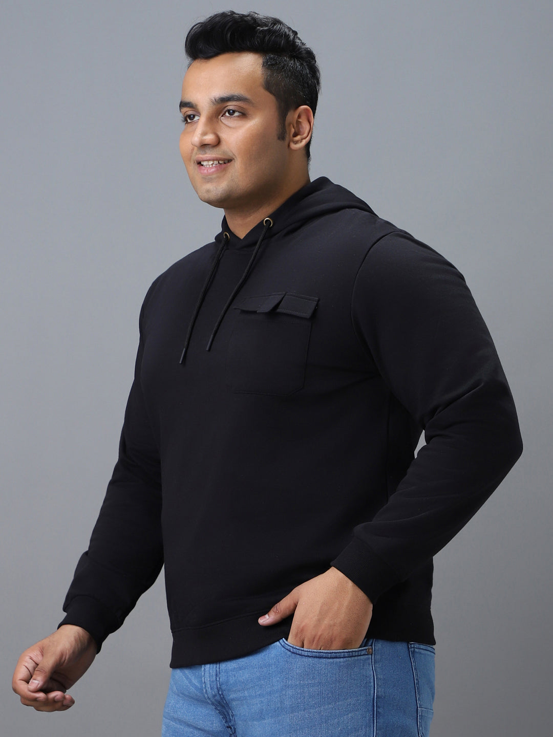 Plus Men's Black Cotton Solid Hooded Neck Sweatshirt