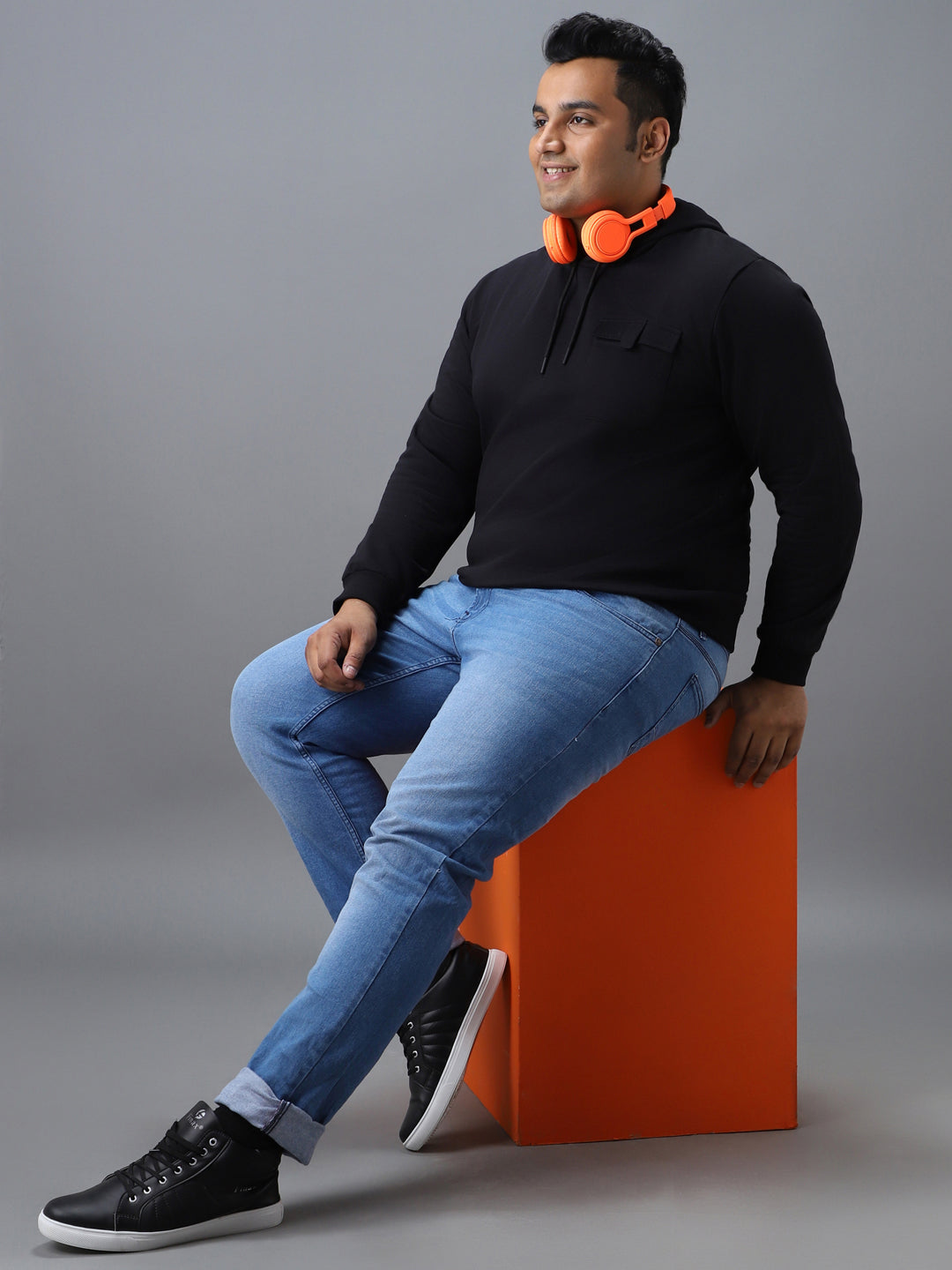 Plus Men's Black Cotton Solid Hooded Neck Sweatshirt