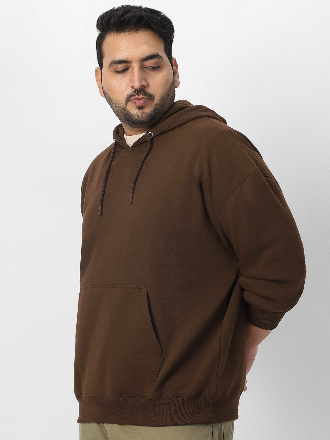 Plus Men's Chocolate Brown Cotton Solid Oversized Hooded Neck Sweatshirt