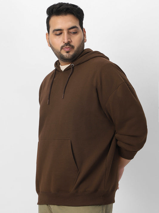 Plus Men's Chocolate Brown Cotton Solid Oversized Hooded Neck Sweatshirt