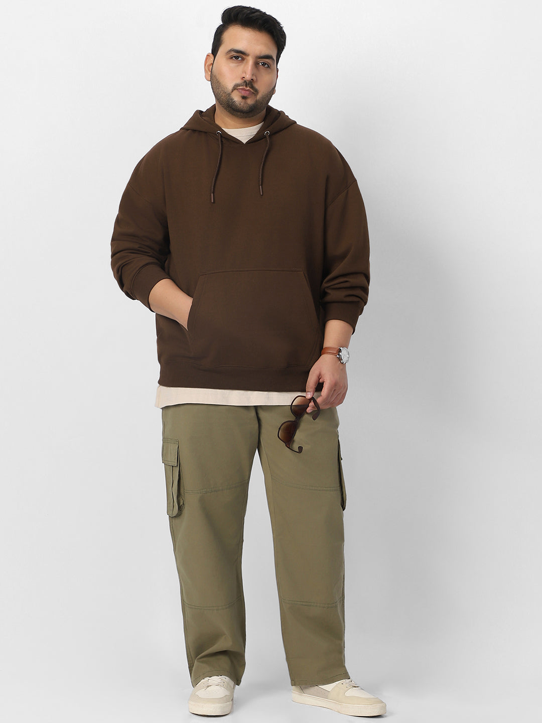 Plus Men's Chocolate Brown Cotton Solid Oversized Hooded Neck Sweatshirt