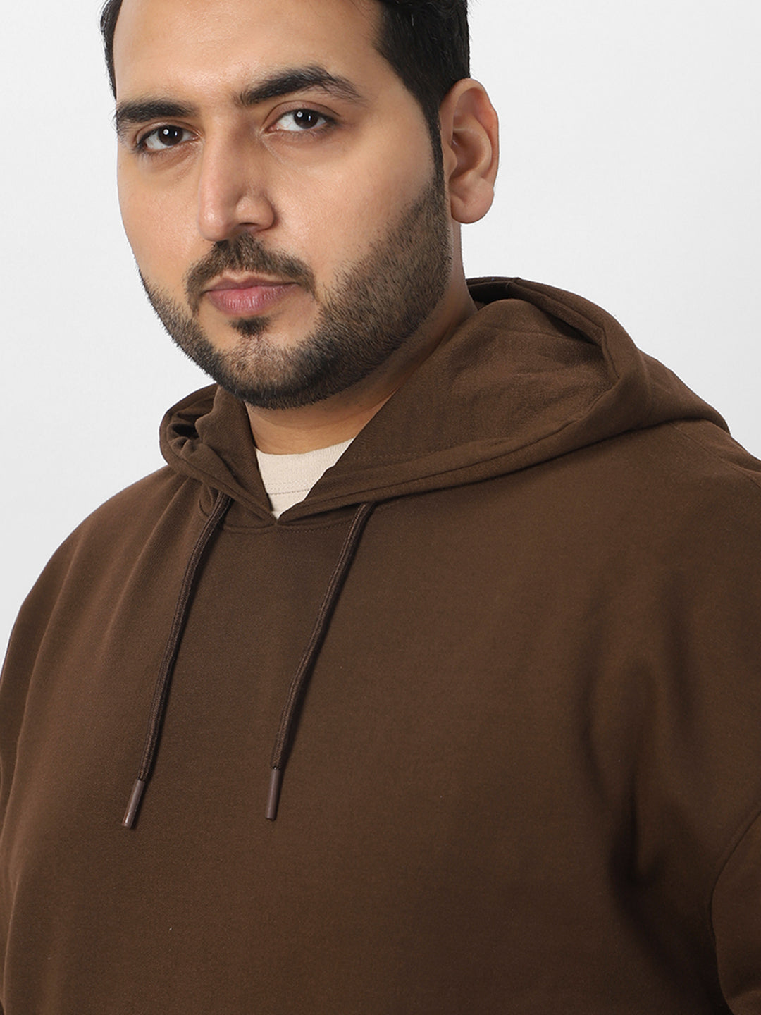 Plus Men's Chocolate Brown Cotton Solid Oversized Hooded Neck Sweatshirt