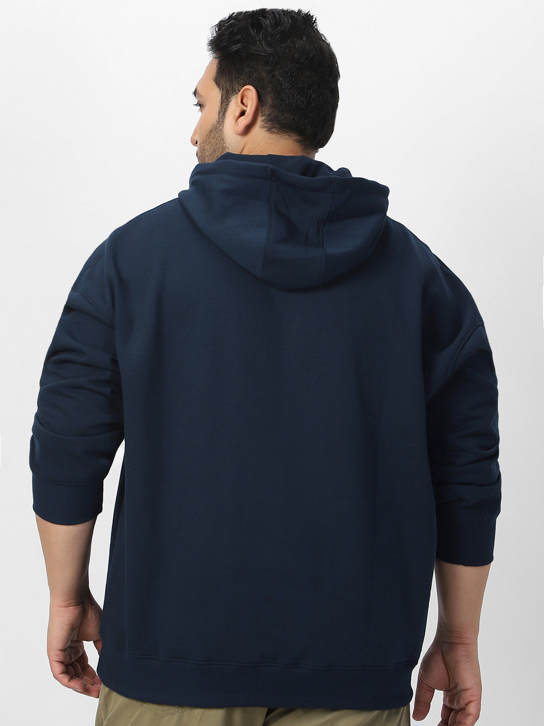 Plus Men's Iris Navy Cotton Solid Oversized Hooded Neck Sweatshirt
