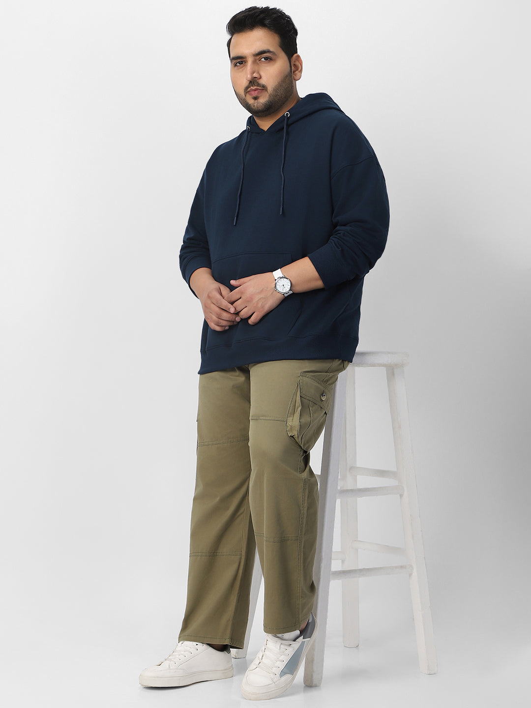 Plus Men's Iris Navy Cotton Solid Oversized Hooded Neck Sweatshirt