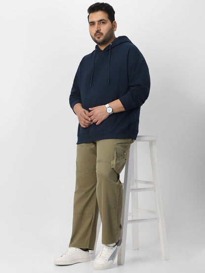 Plus Men's Iris Navy Cotton Solid Oversized Hooded Neck Sweatshirt