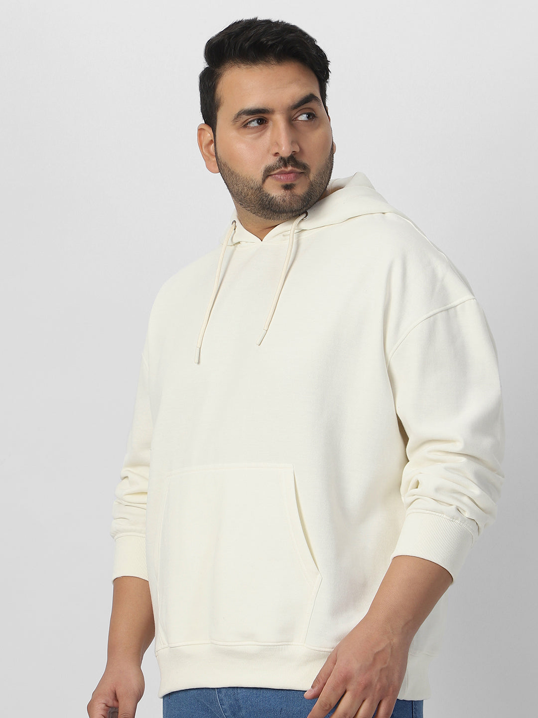 Plus Men's Ivory Cotton Solid Oversized Hooded Neck Sweatshirt