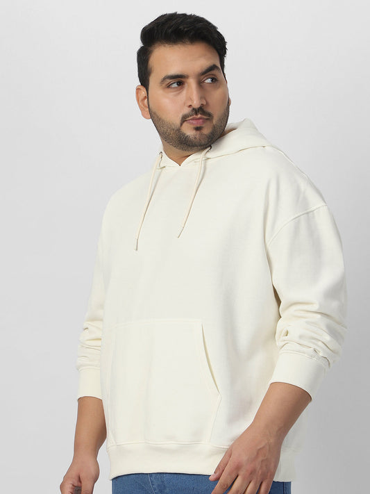 Plus Men's Ivory Cotton Solid Oversized Hooded Neck Sweatshirt