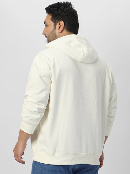 Plus Men's Ivory Cotton Solid Oversized Hooded Neck Sweatshirt