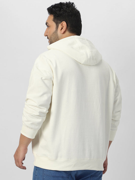 Plus Men's Ivory Cotton Solid Oversized Hooded Neck Sweatshirt