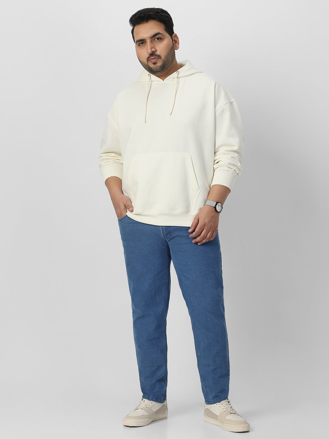 Plus Men's Ivory Cotton Solid Oversized Hooded Neck Sweatshirt