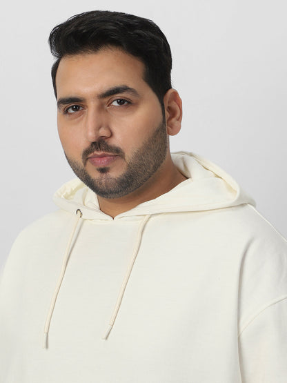 Plus Men's Ivory Cotton Solid Oversized Hooded Neck Sweatshirt