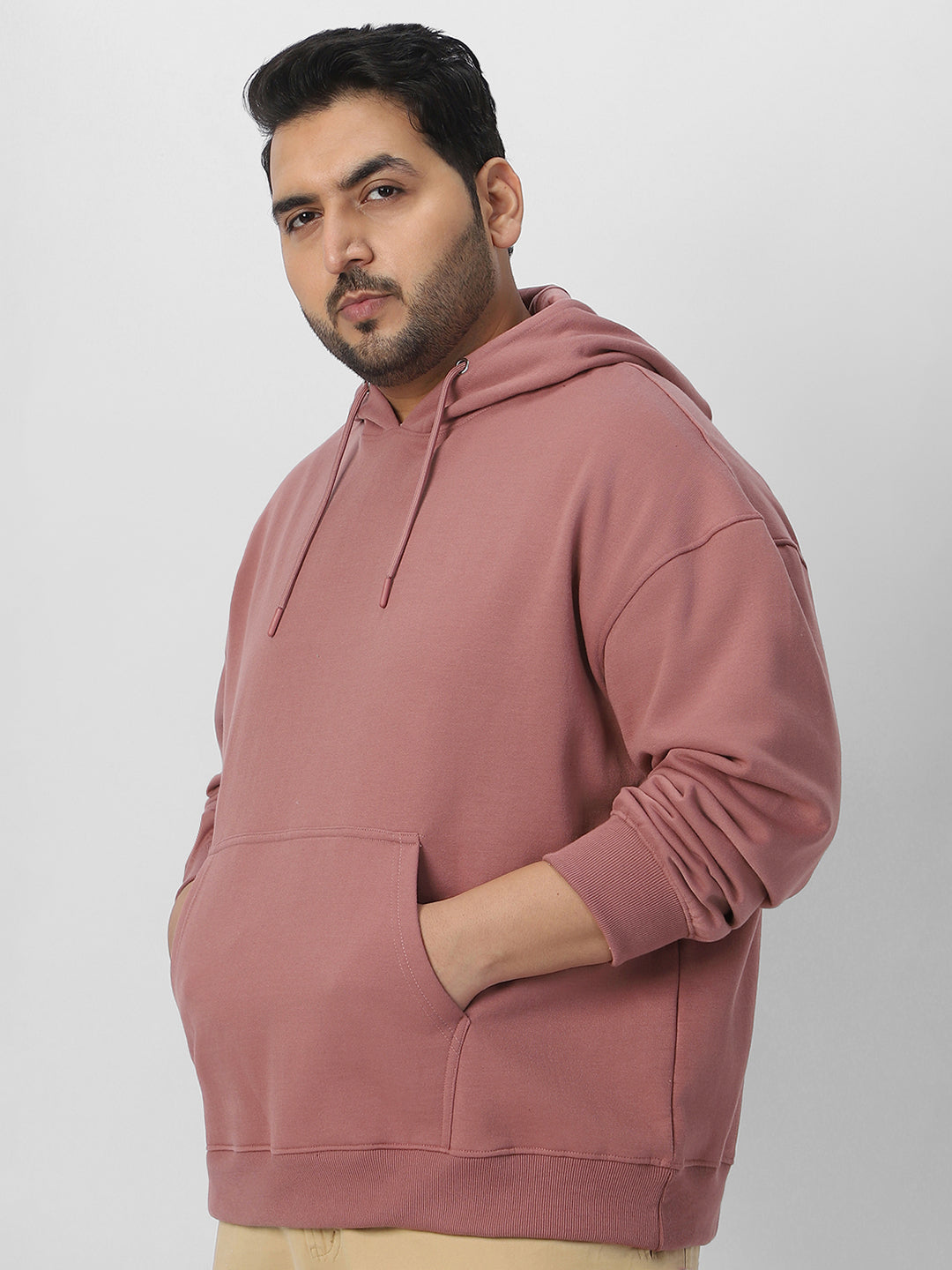 Plus Men's Old Rose Cotton Solid Oversized Hooded Neck Sweatshirt