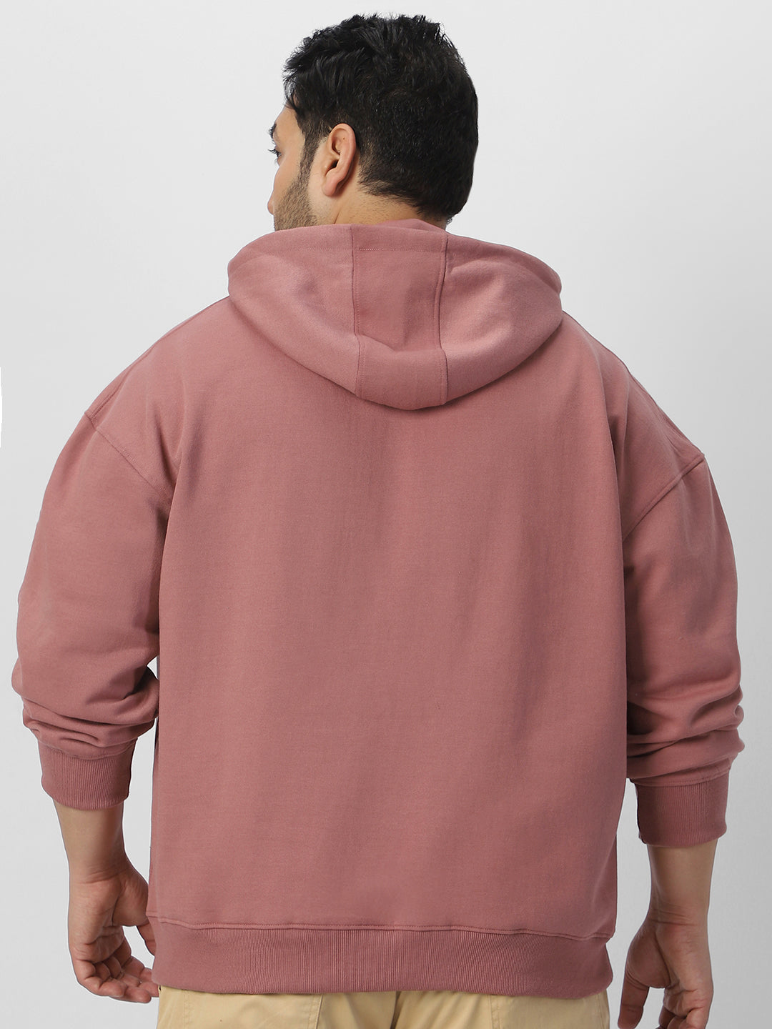 Plus Men's Old Rose Cotton Solid Oversized Hooded Neck Sweatshirt