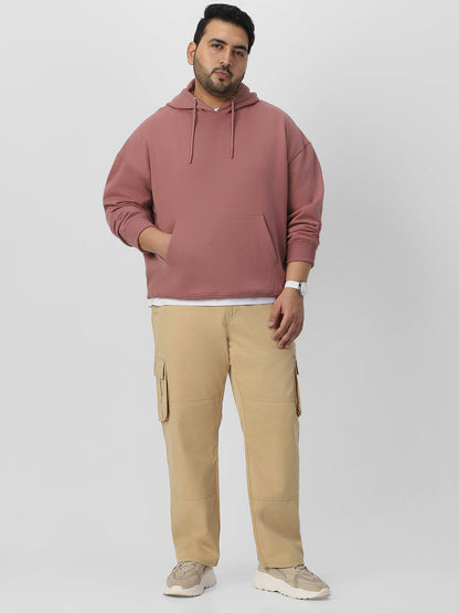 Plus Men's Old Rose Cotton Solid Oversized Hooded Neck Sweatshirt