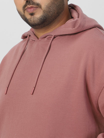 Plus Men's Old Rose Cotton Solid Oversized Hooded Neck Sweatshirt