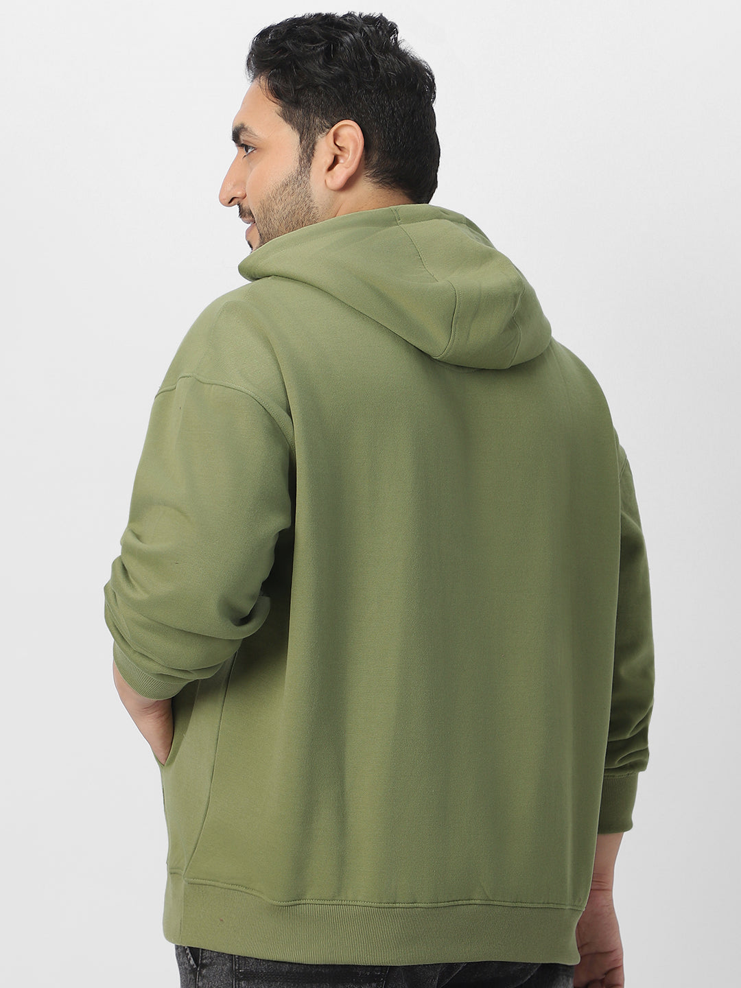 Plus Men's Potent Olive Cotton Solid Oversized Hooded Neck Sweatshirt