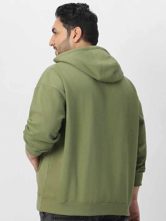 Plus Men's Potent Olive Cotton Solid Oversized Hooded Neck Sweatshirt