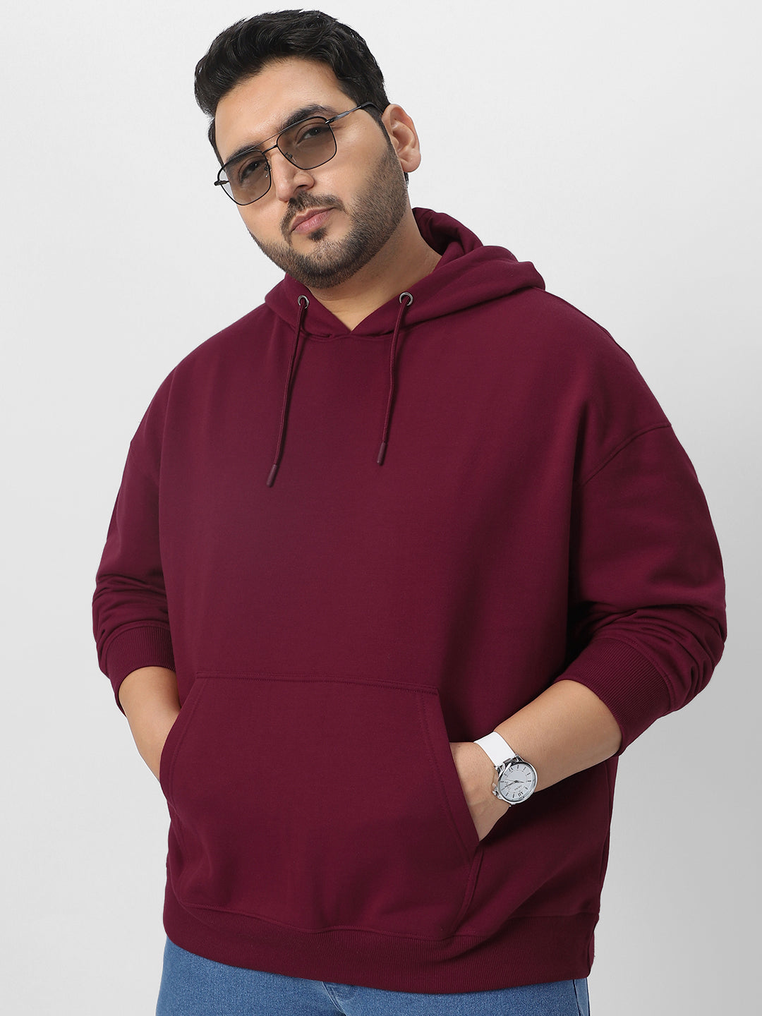 Plus Men's Maroon Cotton Solid Oversized Hooded Neck Sweatshirt