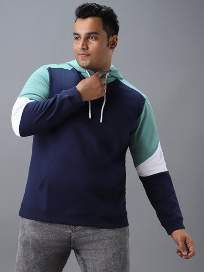 Plus Men's Blue, Green Cotton Colour Block Hooded Neck Sweatshirt