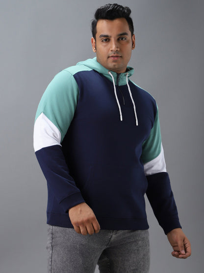 Plus Men's Blue, Green Cotton Colour Block Hooded Neck Sweatshirt