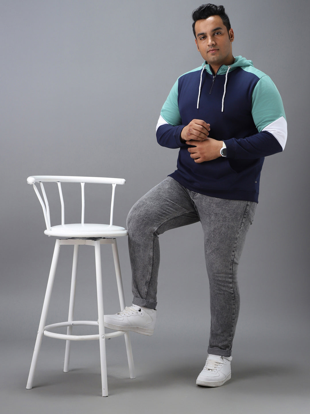 Plus Men's Blue, Green Cotton Colour Block Hooded Neck Sweatshirt