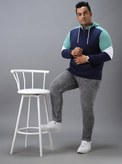 Plus Men's Blue, Green Cotton Colour Block Hooded Neck Sweatshirt
