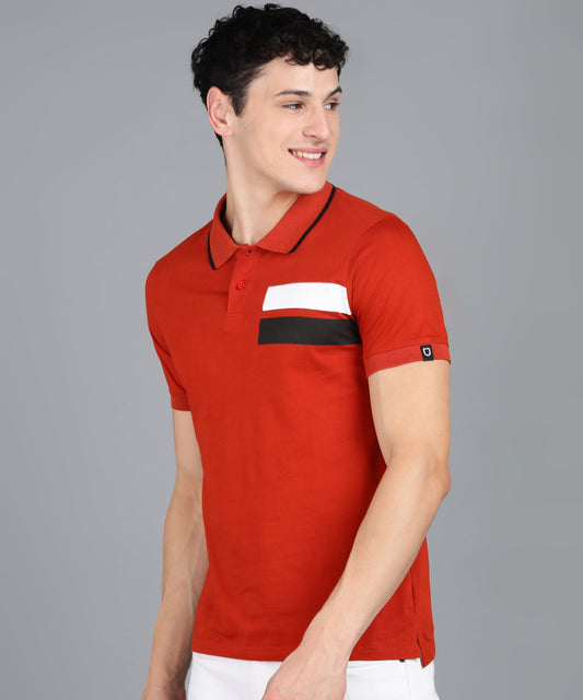 Men's Rust Colour-Block Slim Fit Half Sleeve Cotton Polo T-Shirt