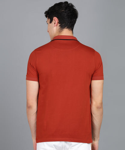 Men's Rust Colour-Block Slim Fit Half Sleeve Cotton Polo T-Shirt