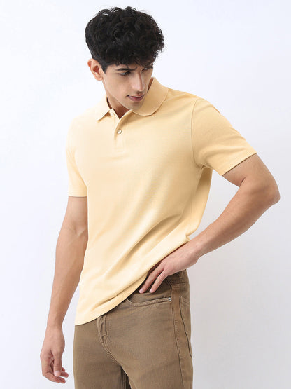 Men's Beige Solid Regular Fit Half Sleeve Cotton Polo T-Shirt
