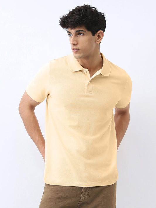 Men's Beige Solid Regular Fit Half Sleeve Cotton Polo T-Shirt