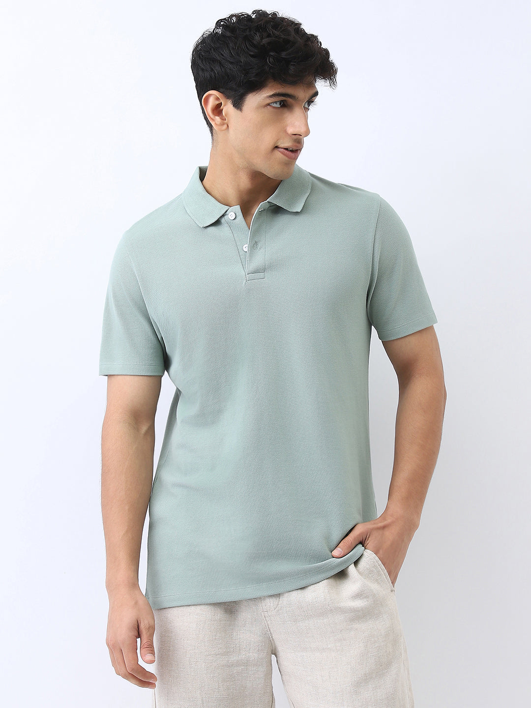 Men's Granite Green Solid Regular Fit Half Sleeve Cotton Polo T-Shirt