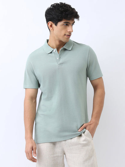 Men's Granite Green Solid Regular Fit Half Sleeve Cotton Polo T-Shirt