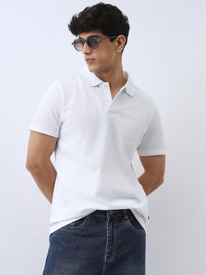 Men's White Solid Regular Fit Half Sleeve Cotton Polo T-Shirt